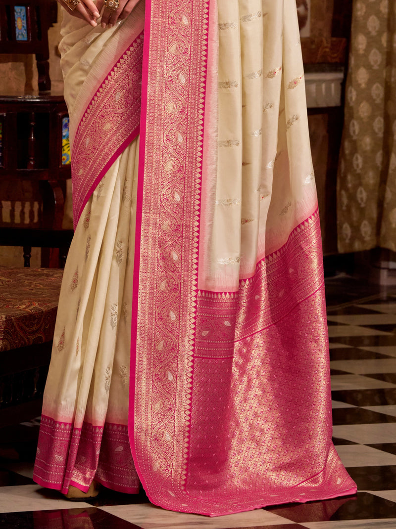 Cream White Premium Festive Silk Saree With Unstitched Blouse