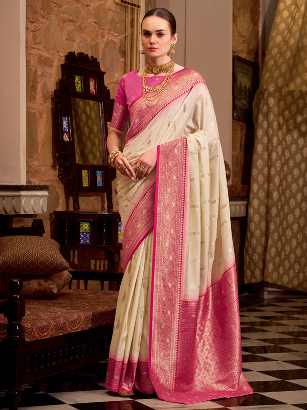 Cream White Premium Festive Silk Saree With Unstitched Blouse