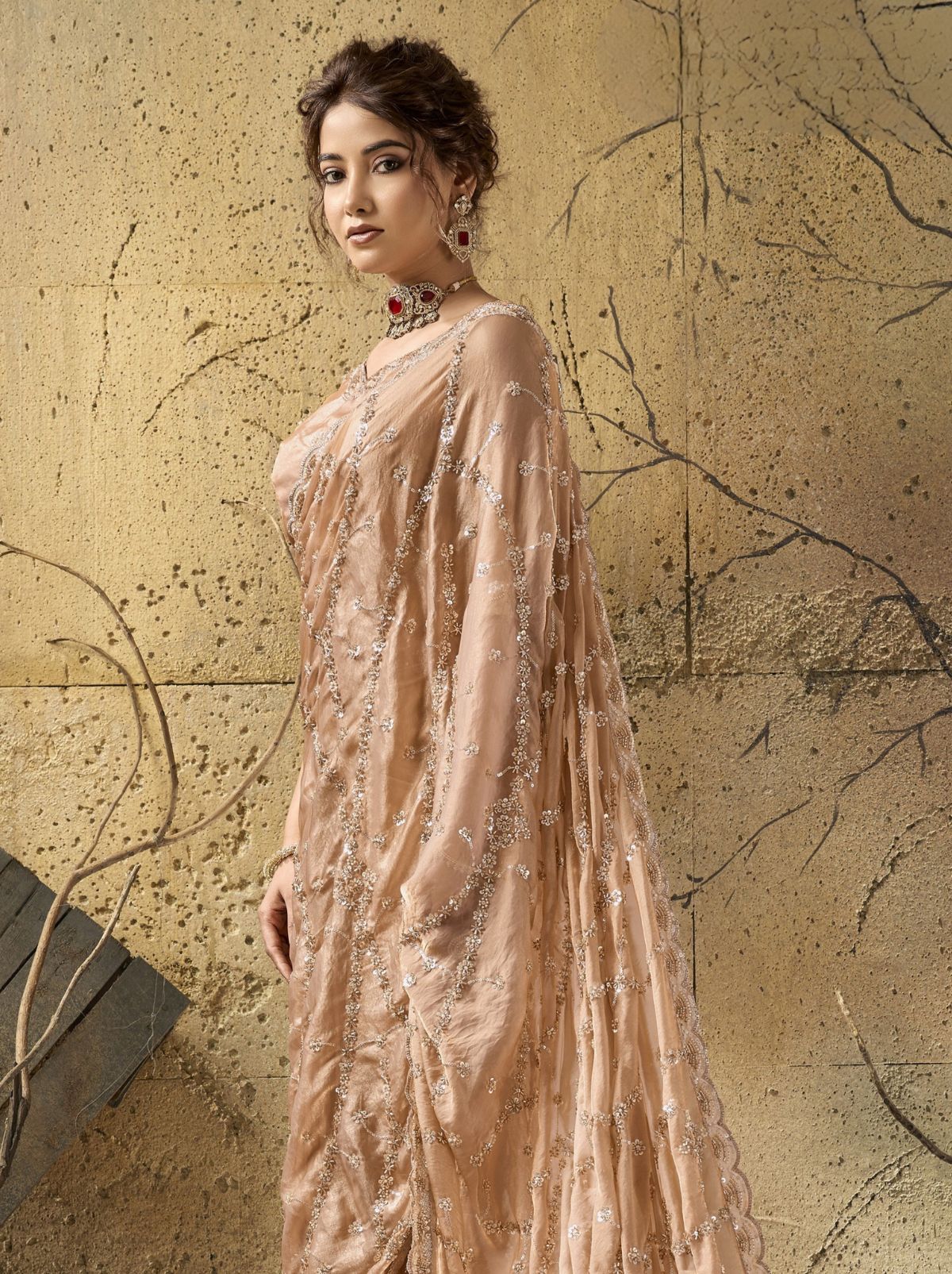 Metallic Cream Premium Velvet Satin Saree With Sequin & Zari Work