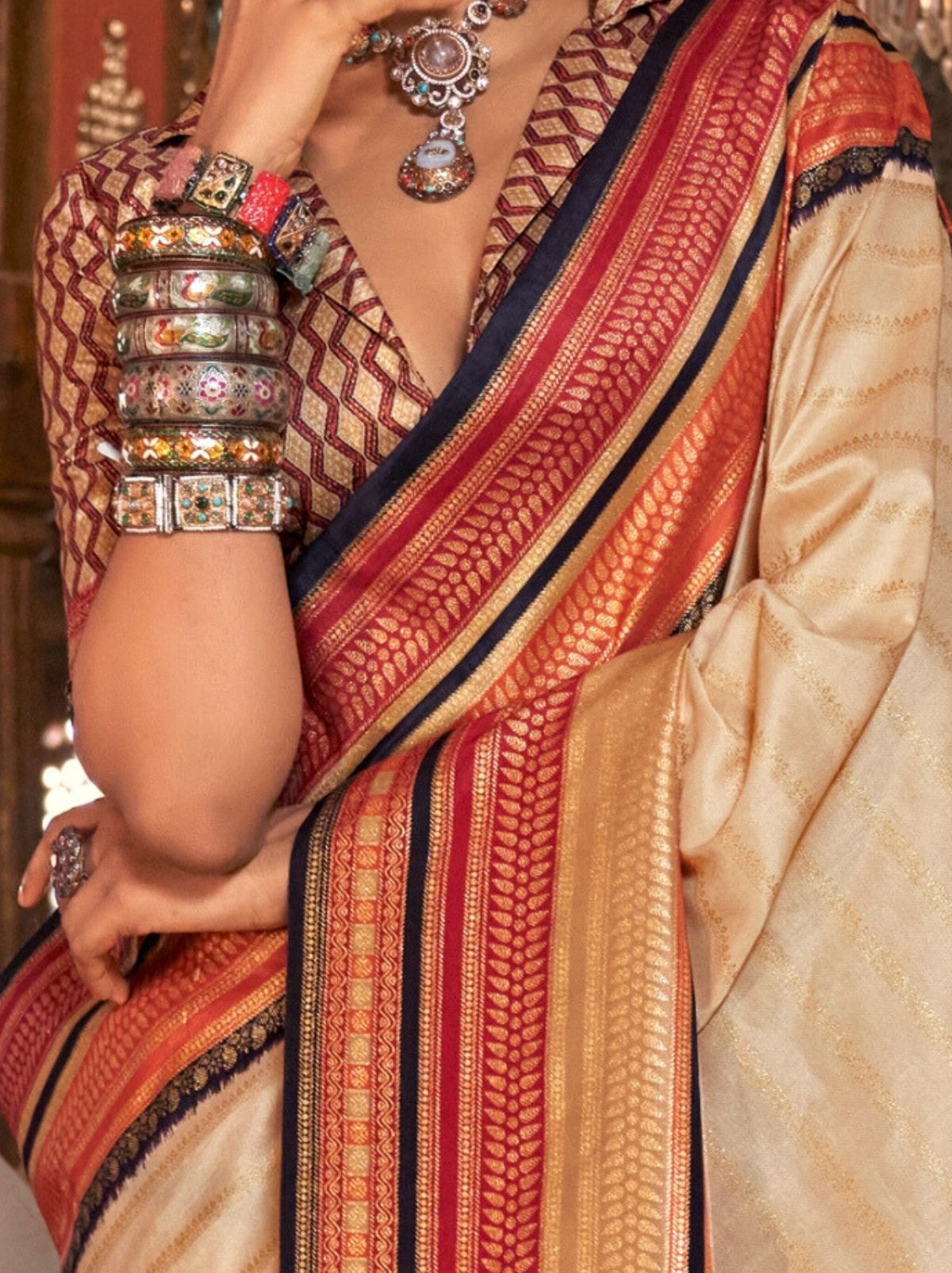Cream Wedding Party Designer Saree - TrendOye
