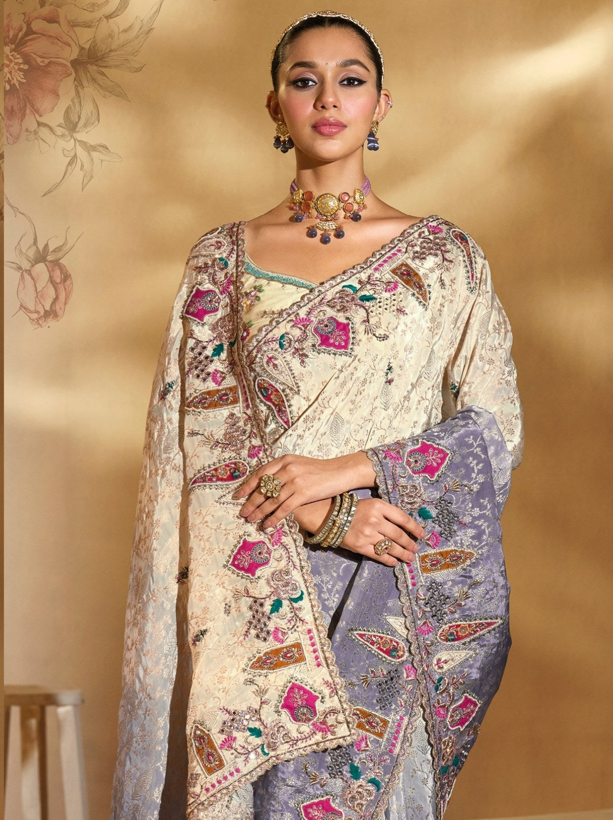 Cream-Purple Designer Crepe Silk Saree With Heavy Zari Work