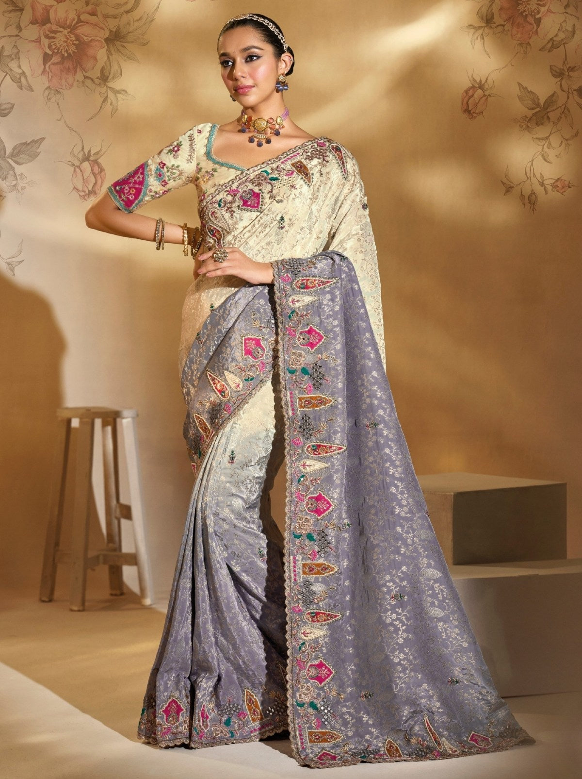 Cream-Purple Designer Crepe Silk Saree With Heavy Zari Work