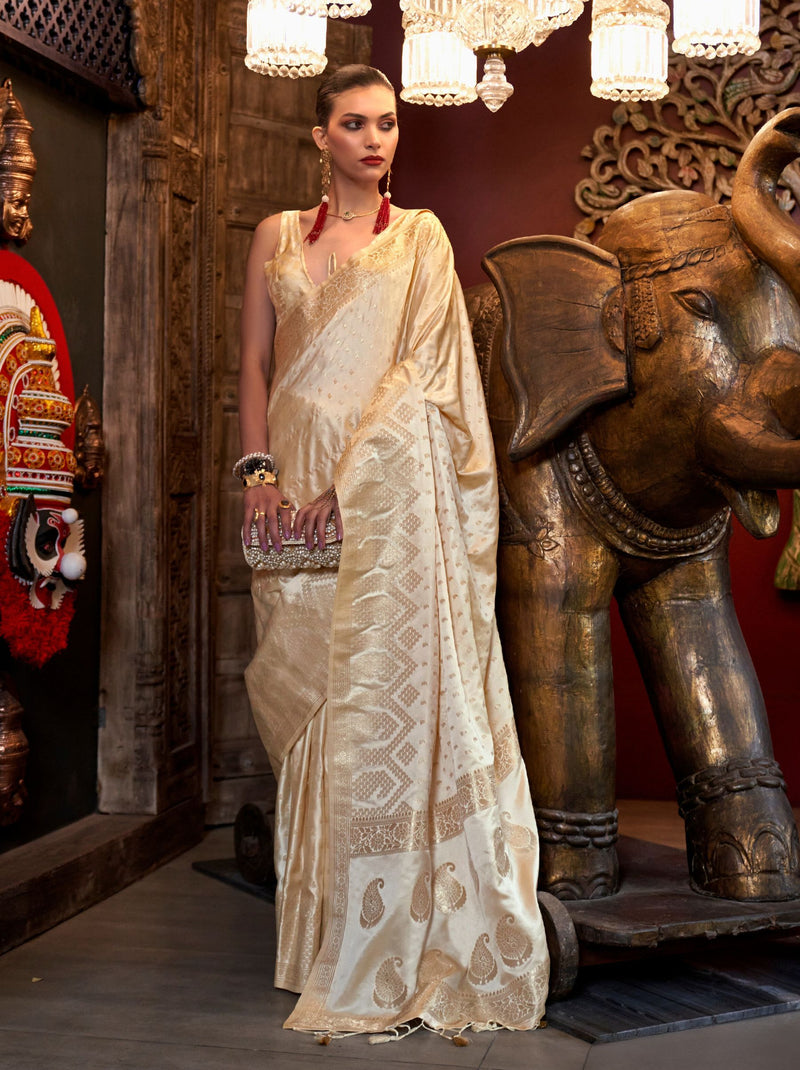 Bright Cream Handwoven Satin Silk Designer Saree - TrendOye