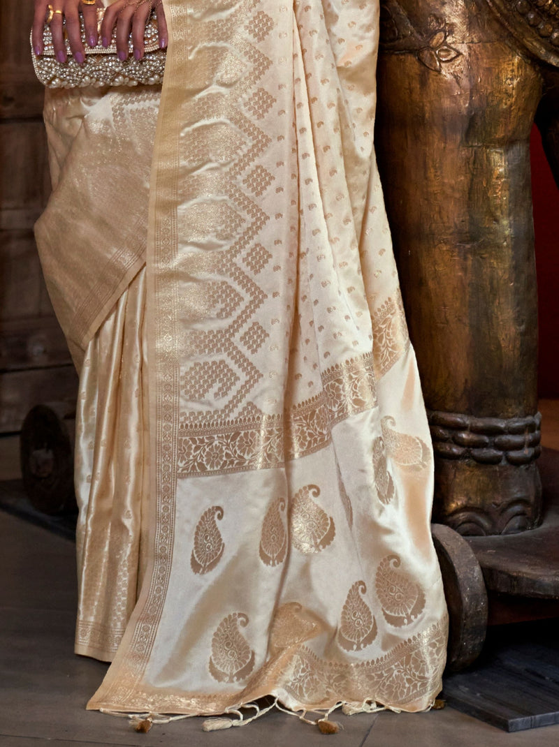 Bright Cream Handwoven Satin Silk Designer Saree - TrendOye