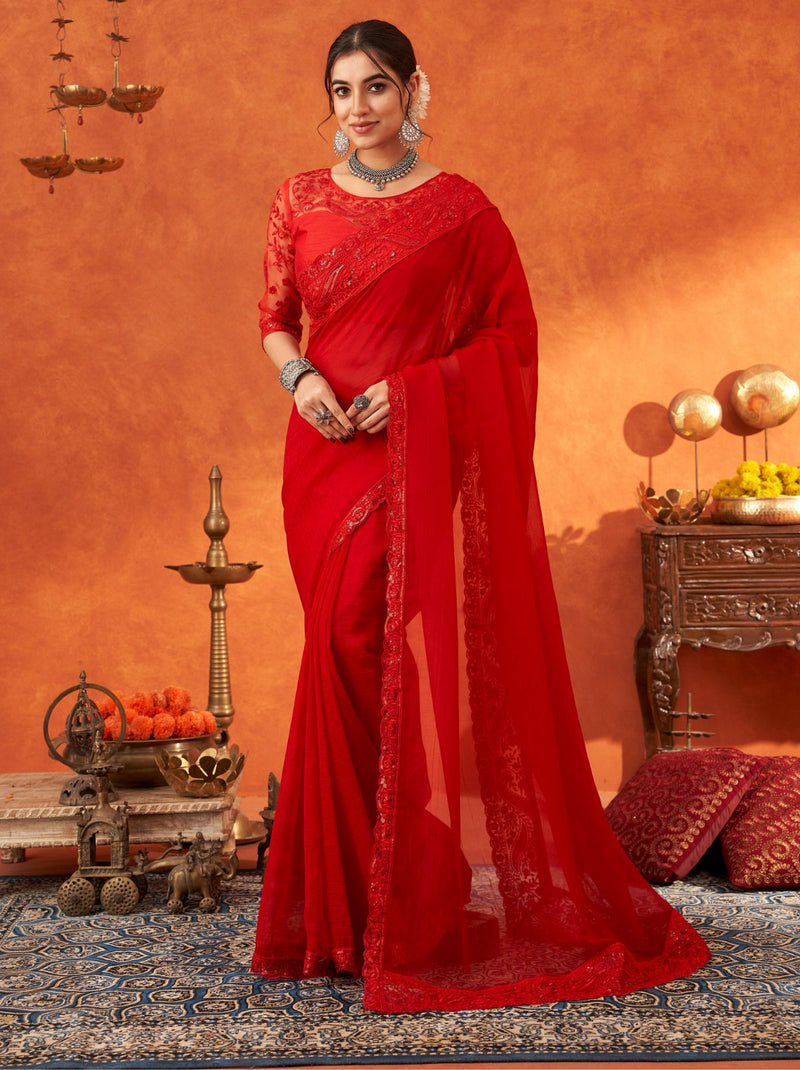 Crimson Red Premium Ethnic Designer Saree - TrendOye