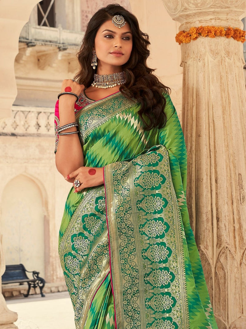 Shiny Sea Green Banarasi Saree With Wide Gold Zari Border - TrendOye