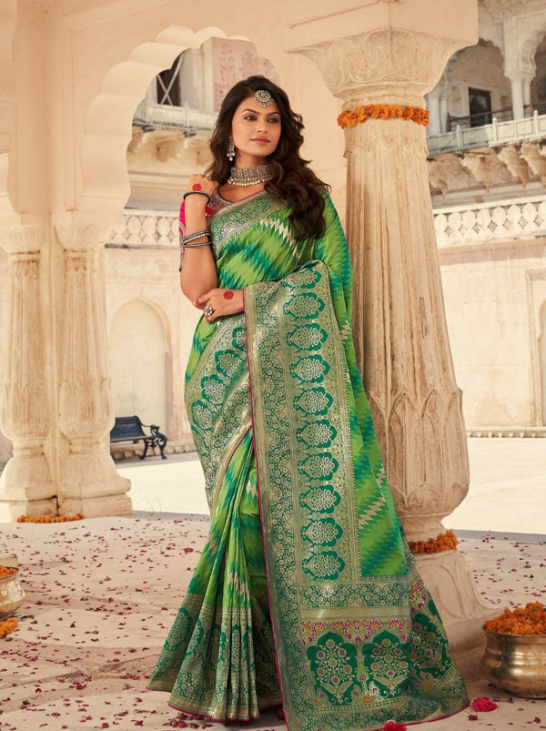 Shiny Sea Green Banarasi Saree With Wide Gold Zari Border - TrendOye