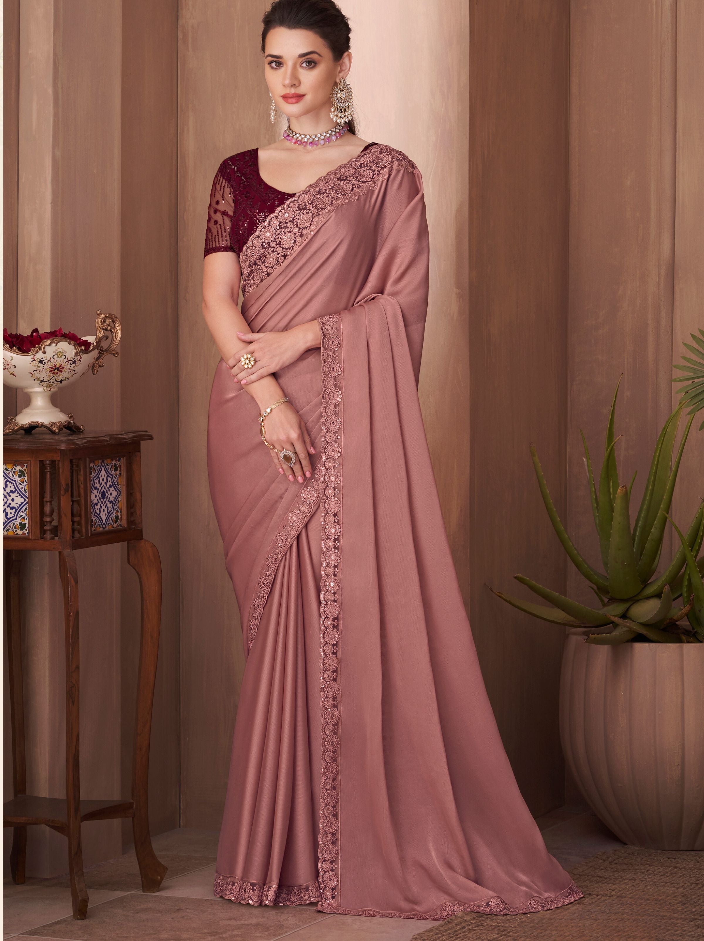 Dark Peach fancy Silk Blended Saree