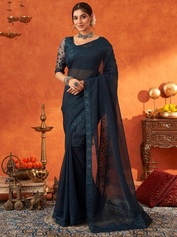 Denim Blue Premium Ethnic Designer Saree - TrendOye