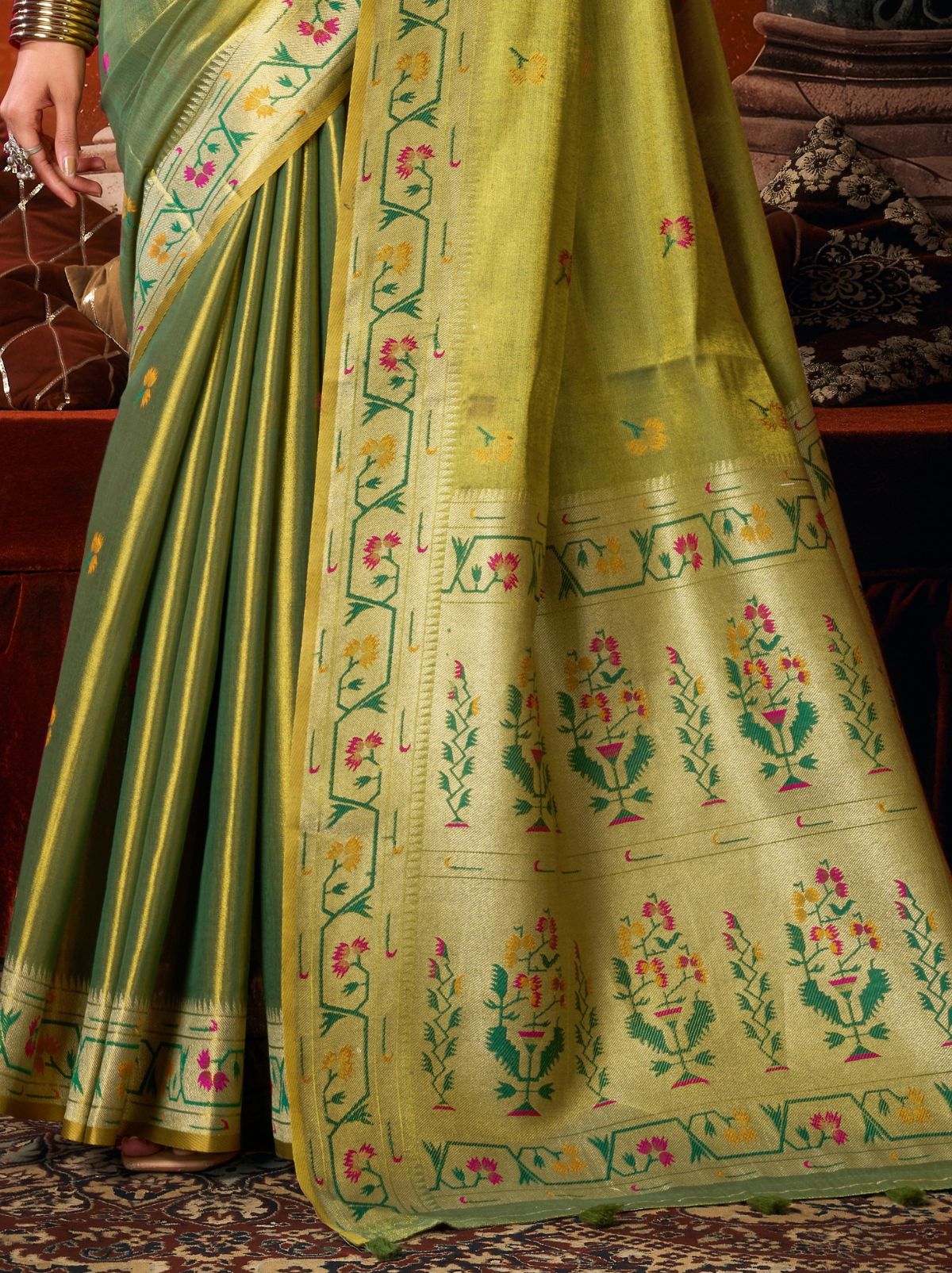 Dual Tone Green Elegant Tissue Silk Saree With Paithani Pallu