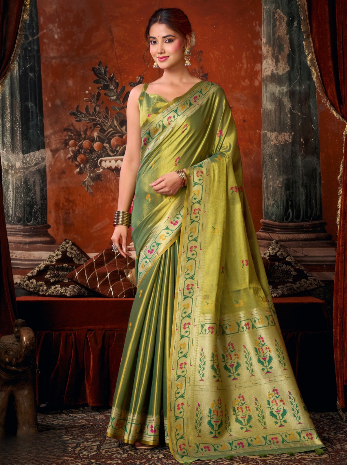 Dual Tone Green Elegant Tissue Silk Saree With Paithani Pallu
