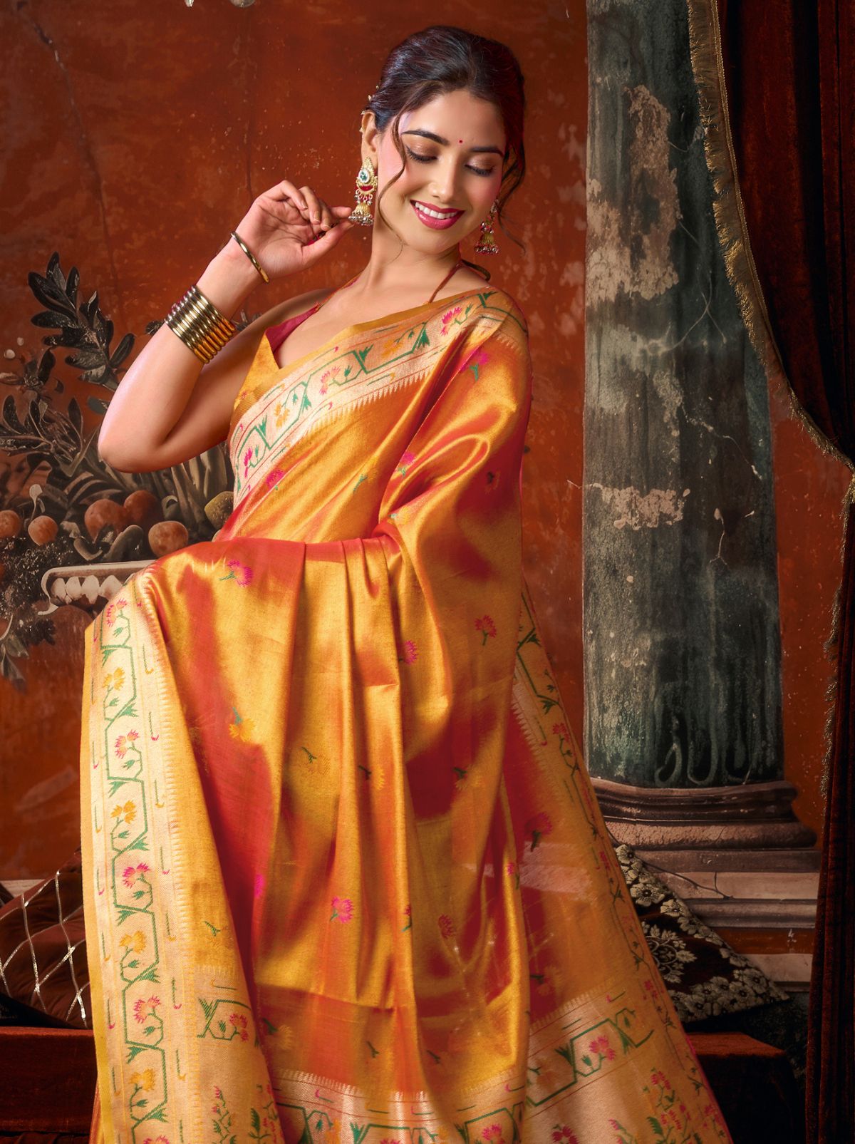 Dual Tone Orange Elegant Tissue Silk Saree With Paithani Pallu