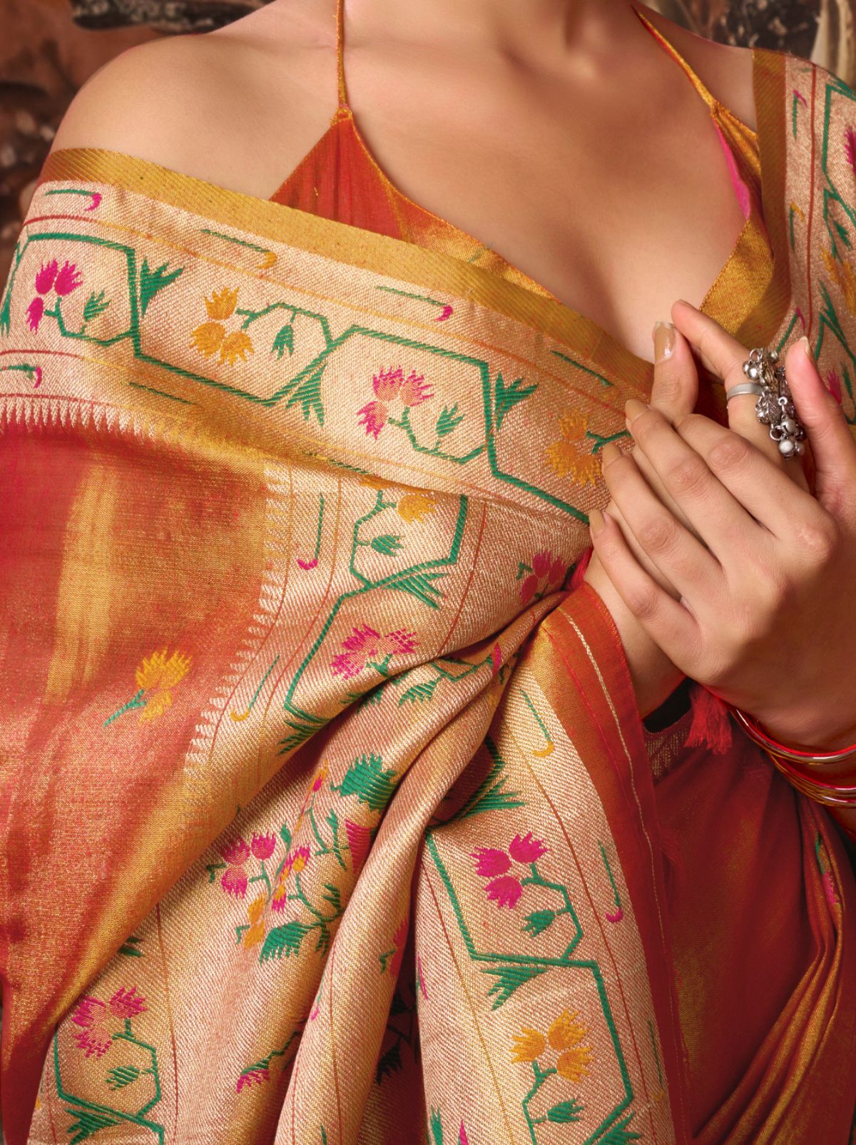 Dual Tone Orange Elegant Tissue Silk Saree With Paithani Pallu