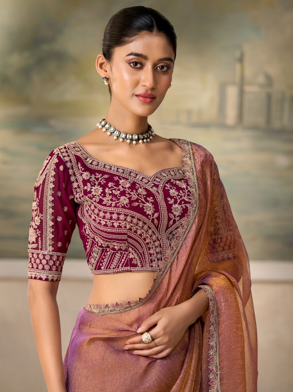 Dual-Tone Peach Contemporary Sequin Statement Saree
