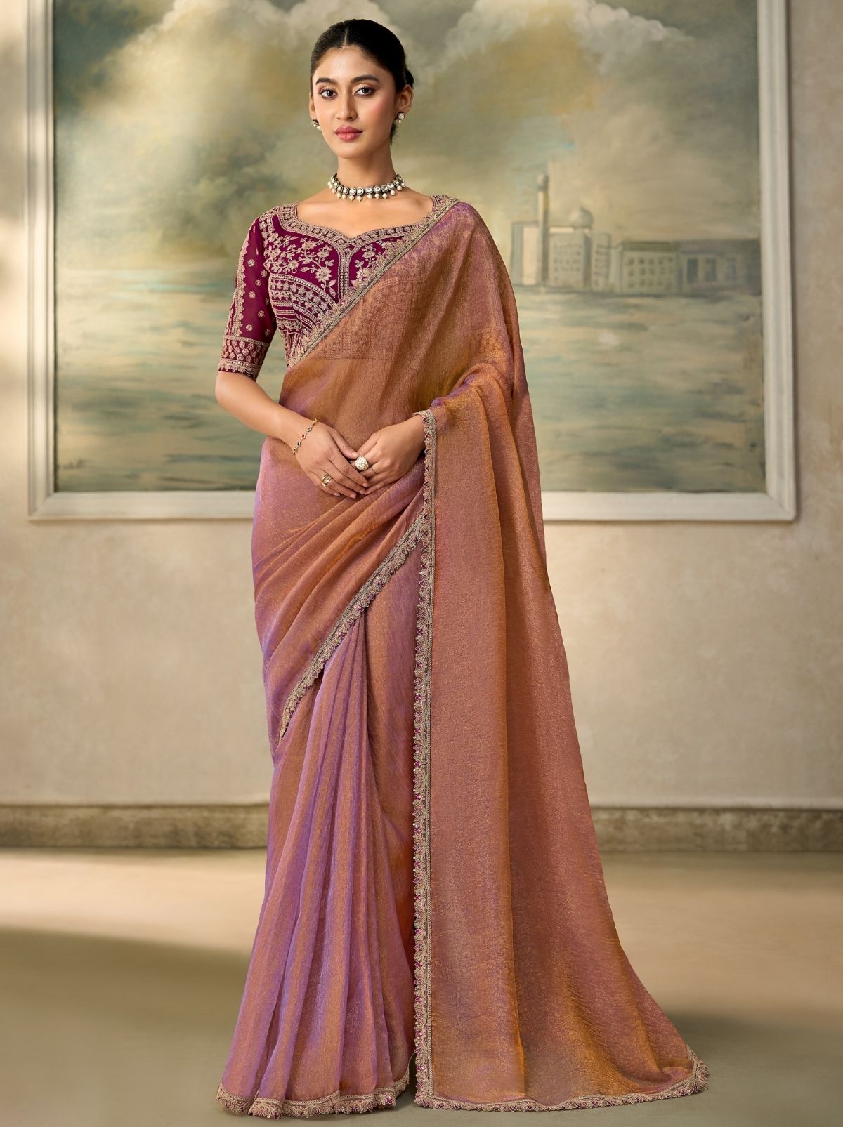 Dual-Tone Peach Contemporary Sequin Statement Saree