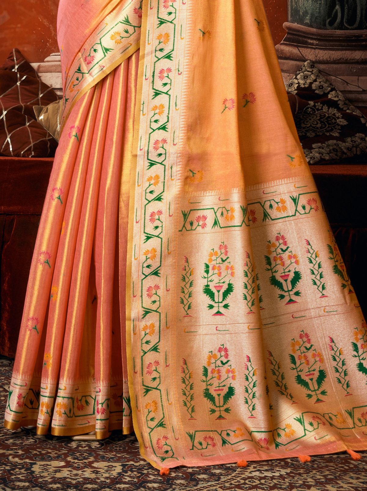 Dual Tone Peach Elegant Tissue Silk Saree With Paithani Pallu