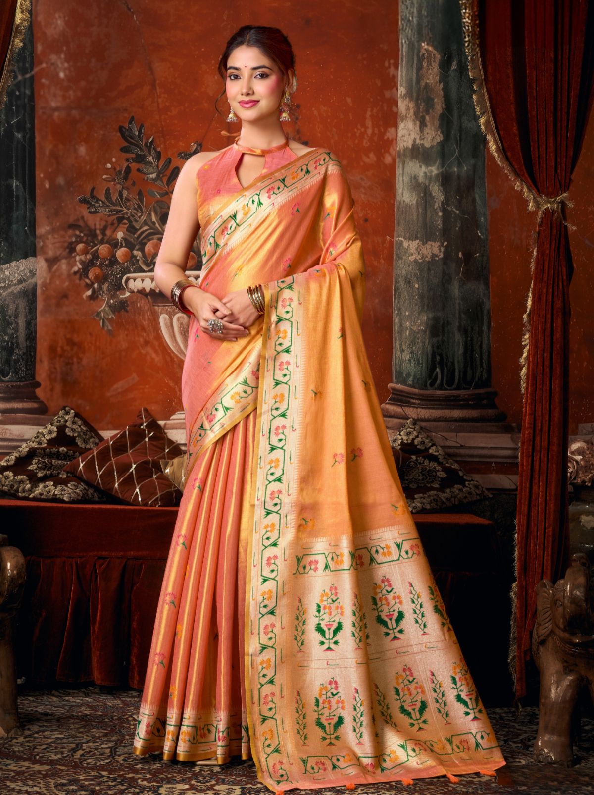Dual Tone Peach Elegant Tissue Silk Saree With Paithani Pallu