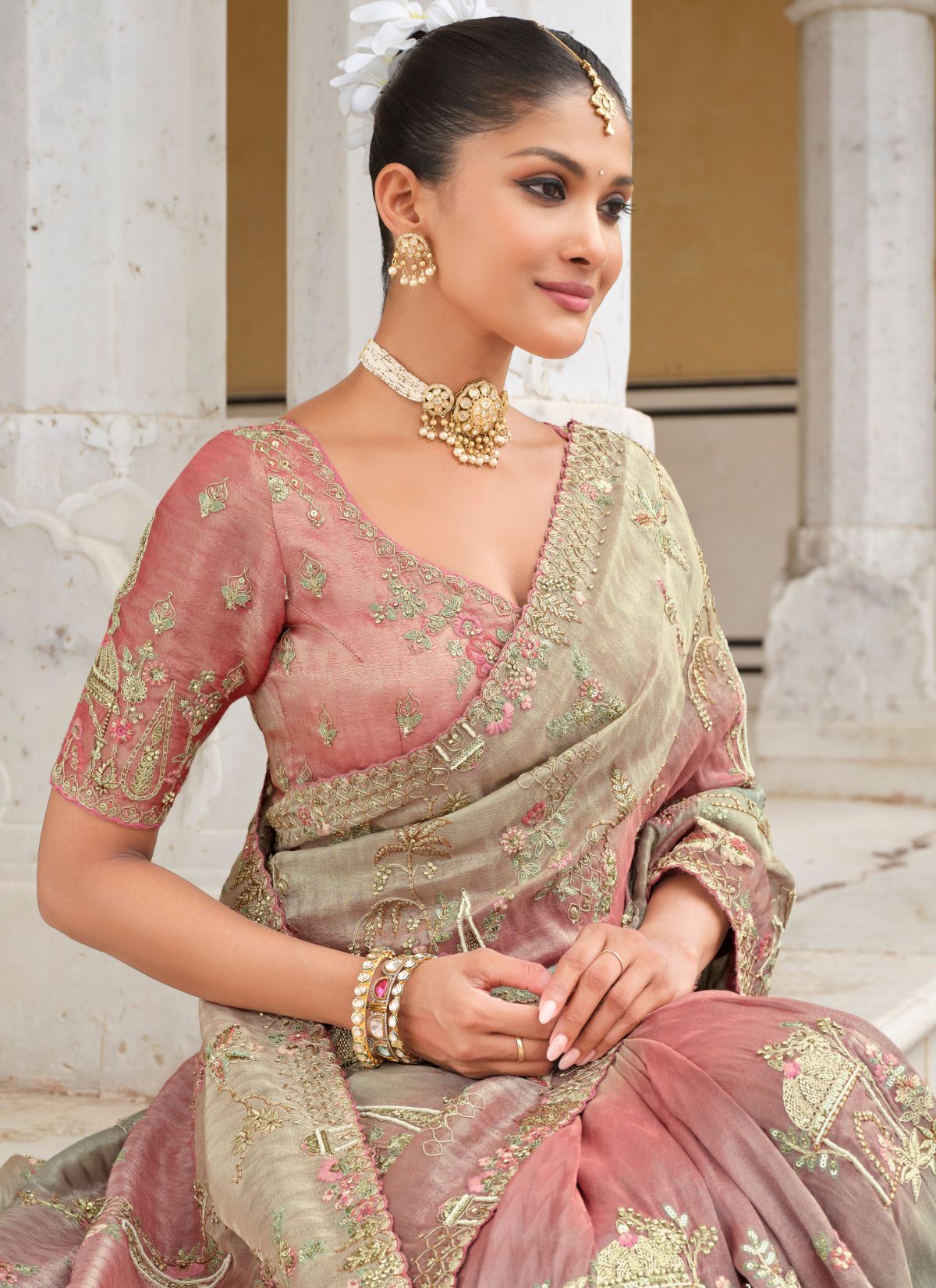 Dual-Tone Pink Designer Premium Silk Saree With Heavy Work - TrendOye