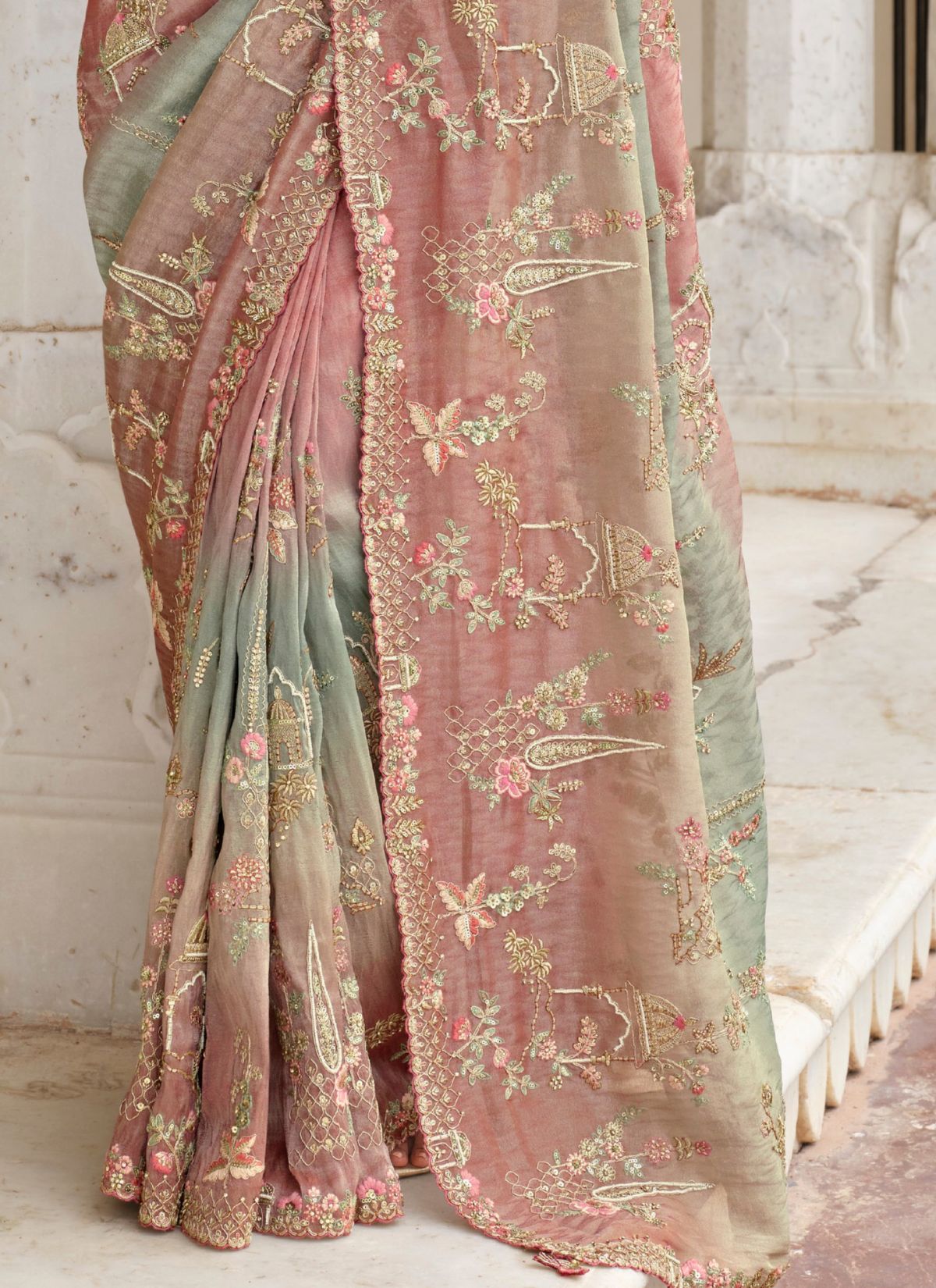 Dual-Tone Pink Designer Premium Silk Saree With Heavy Work - TrendOye
