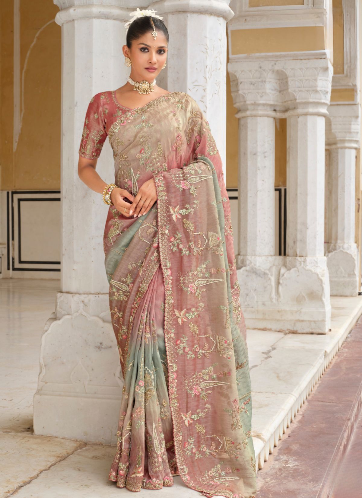 Dual-Tone Pink Designer Premium Silk Saree With Heavy Work - TrendOye