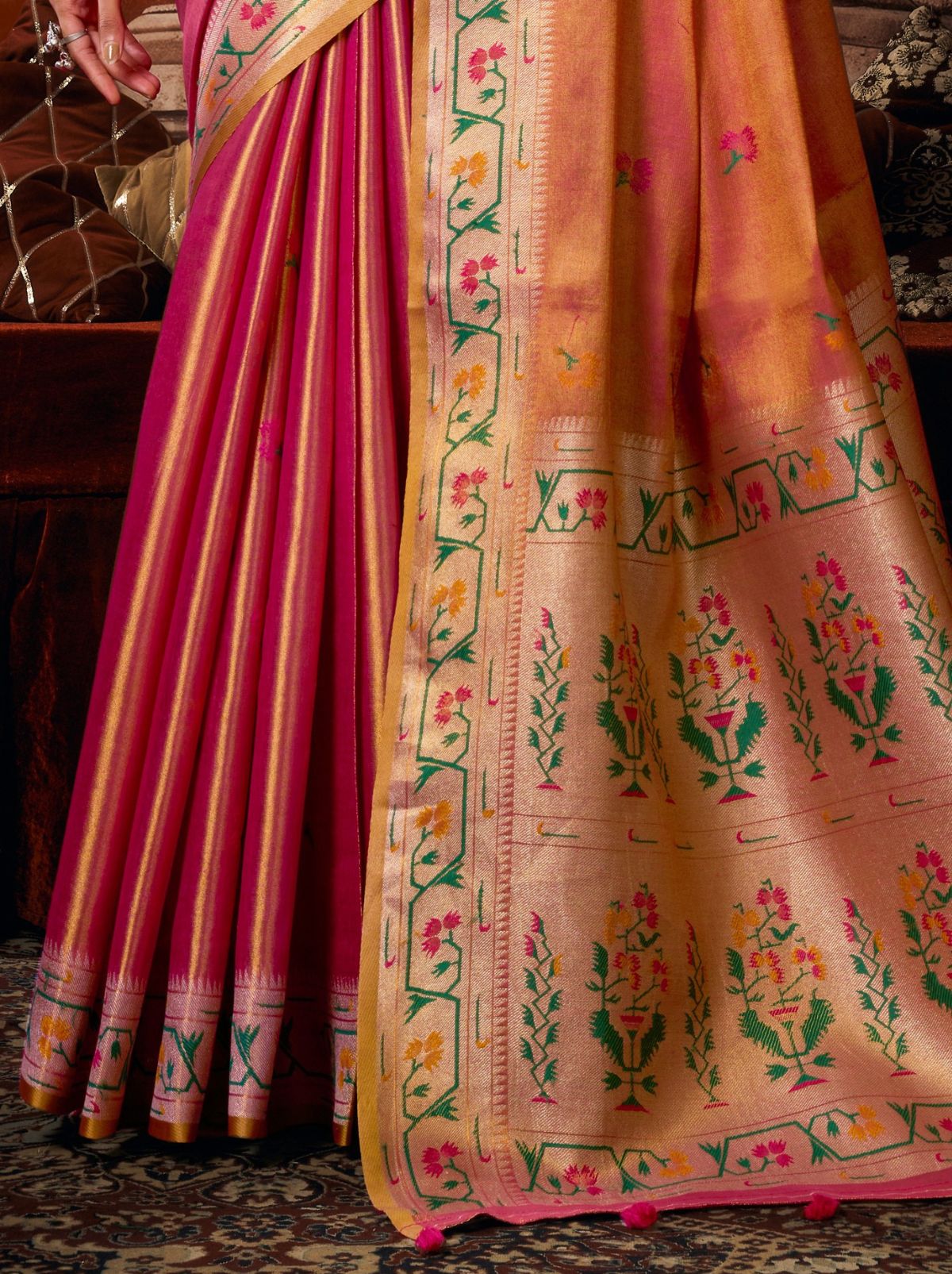 Dual Tone Pink Elegant Tissue Silk Saree With Paithani Pallu