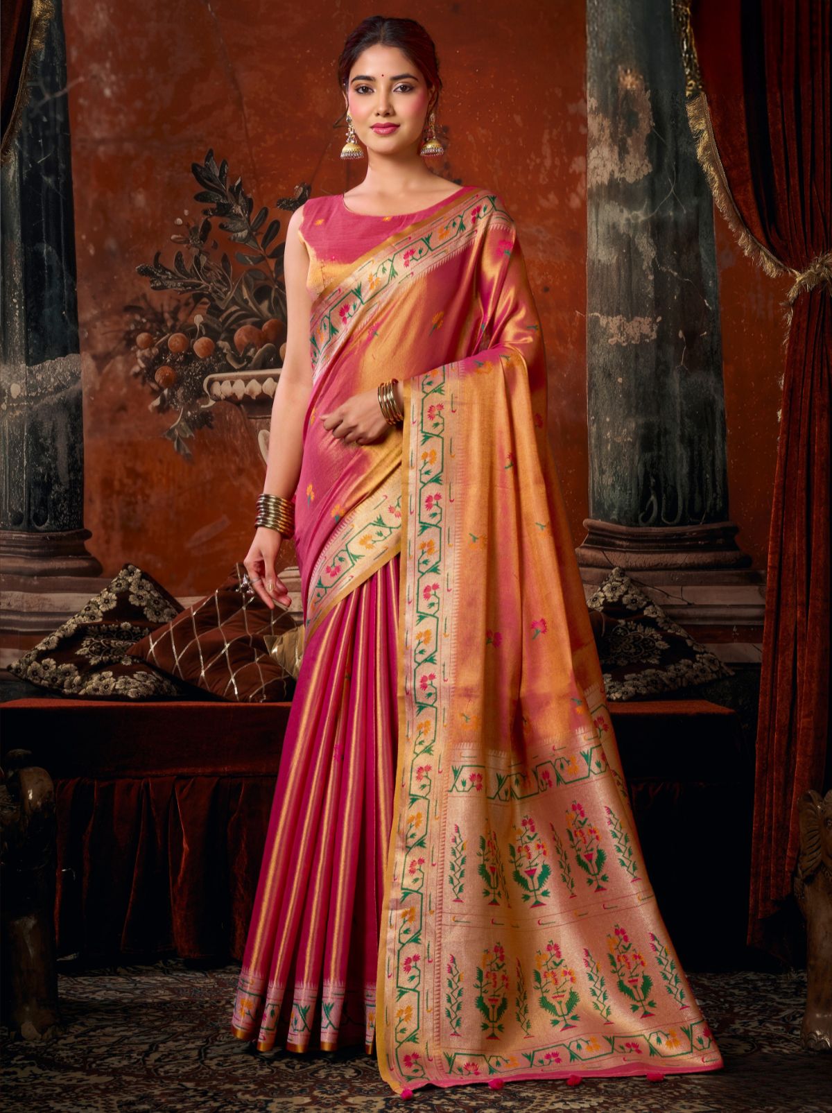 Dual Tone Pink Elegant Tissue Silk Saree With Paithani Pallu