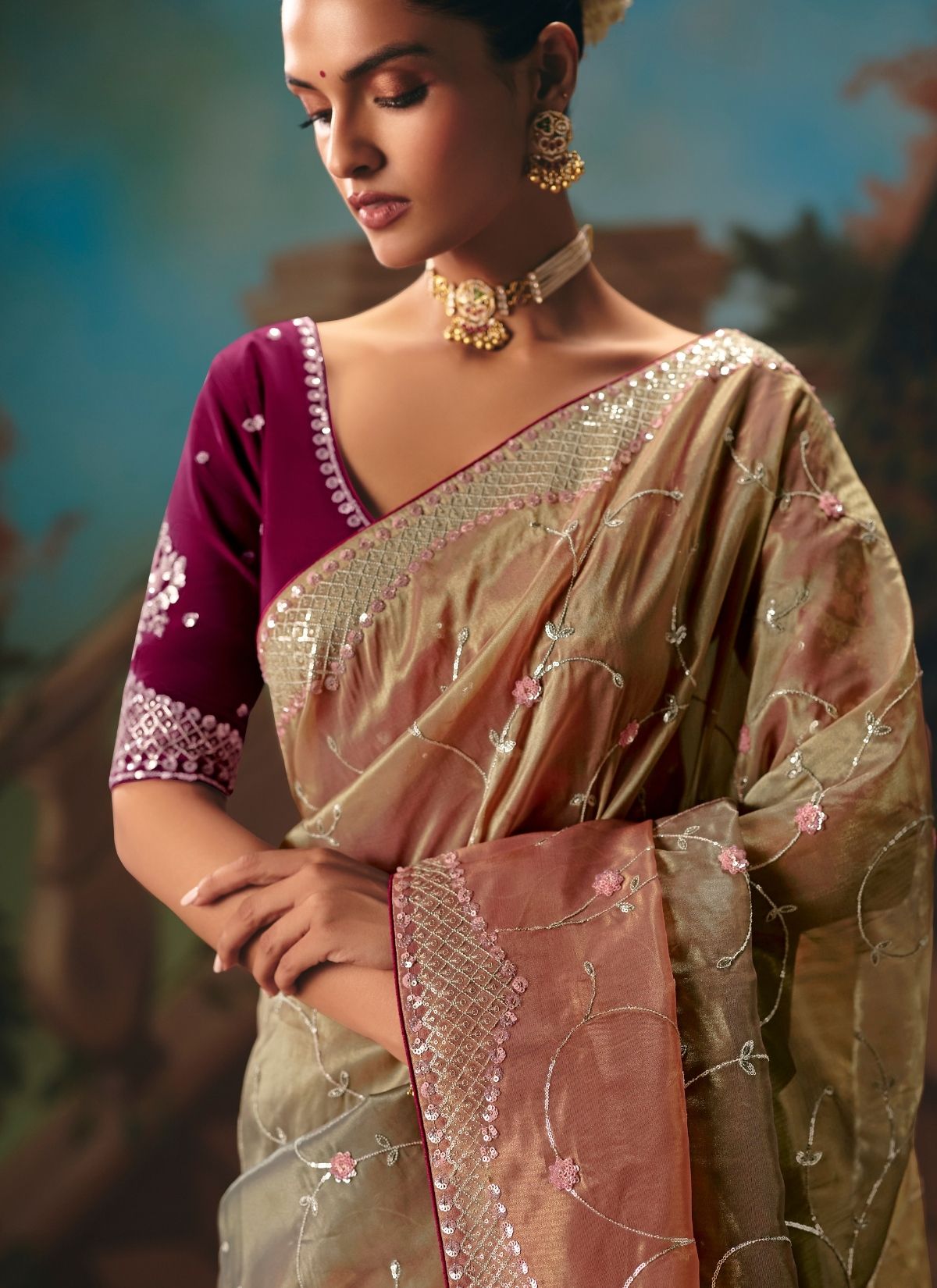 Dual Tone Pink-Green Celebration Fancy Saree With Premium Blouse Piece - TrendOye