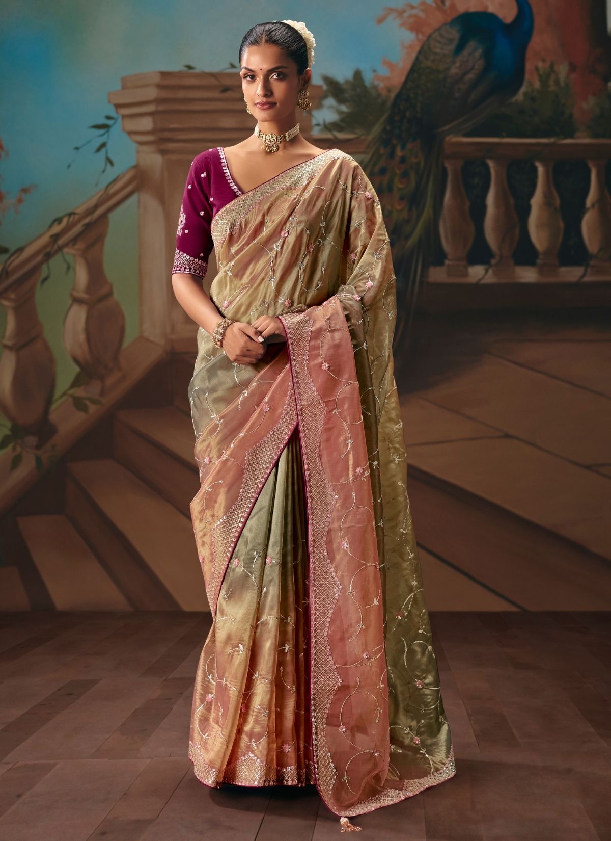Dual Tone Pink-Green Celebration Fancy Saree With Premium Blouse Piece - TrendOye