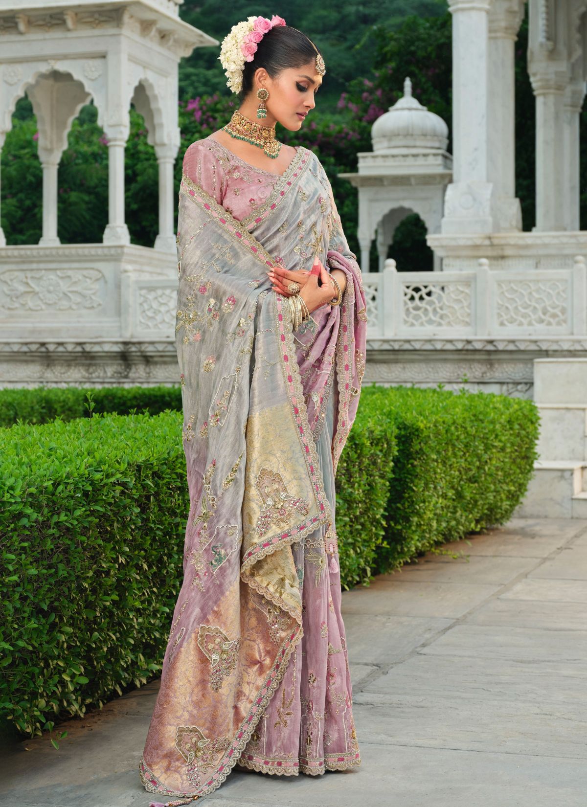 Dual-Tone Purple Designer Premium Silk Saree With Hand-Embroidery - TrendOye