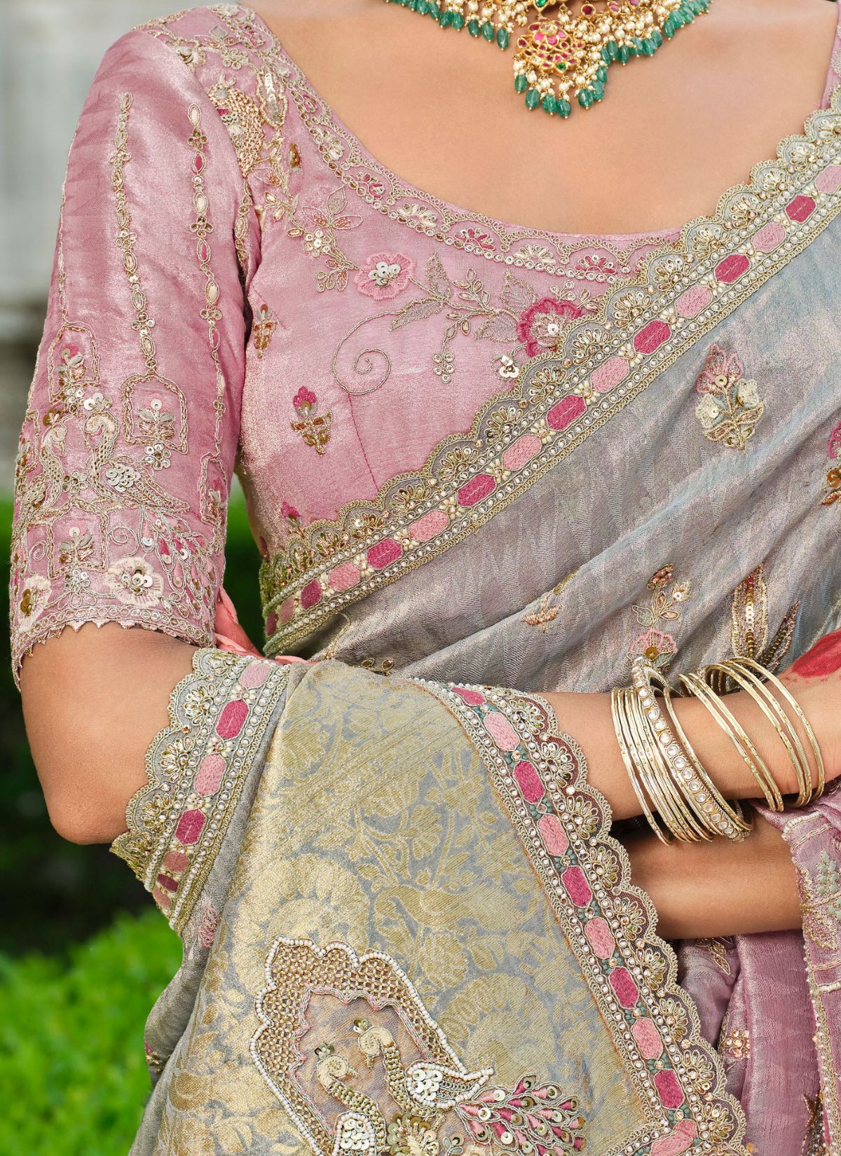 Dual-Tone Purple Designer Premium Silk Saree With Hand-Embroidery - TrendOye