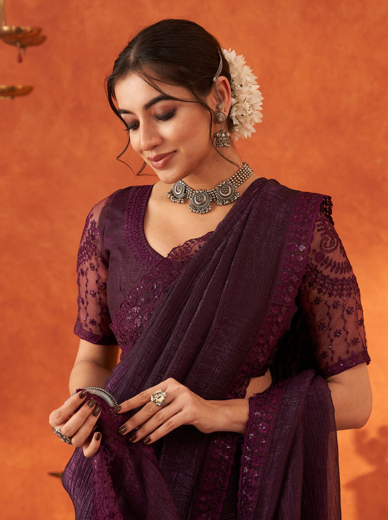 Eggplant Violet-Purple Premium Ethnic Designer Saree