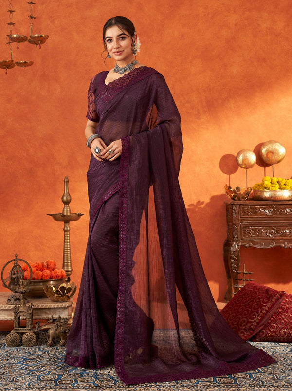 Eggplant Violet-Purple Premium Ethnic Designer Saree - TrendOye