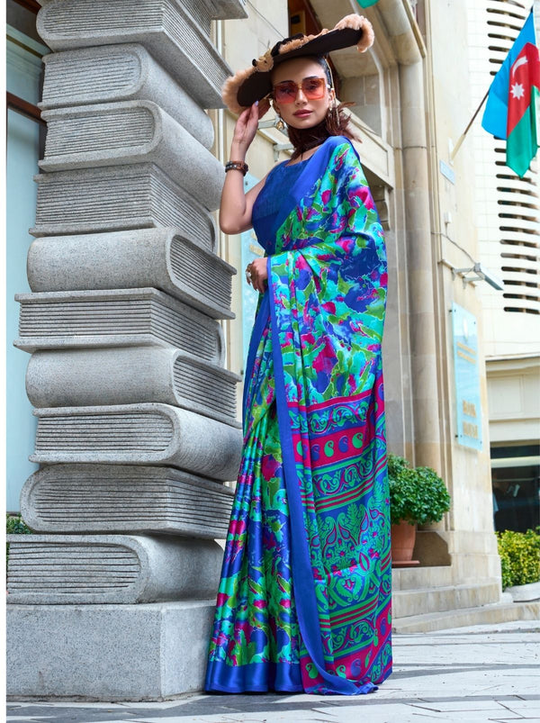 Egyptian Blue Premium Satin Designer Saree - TrendOye