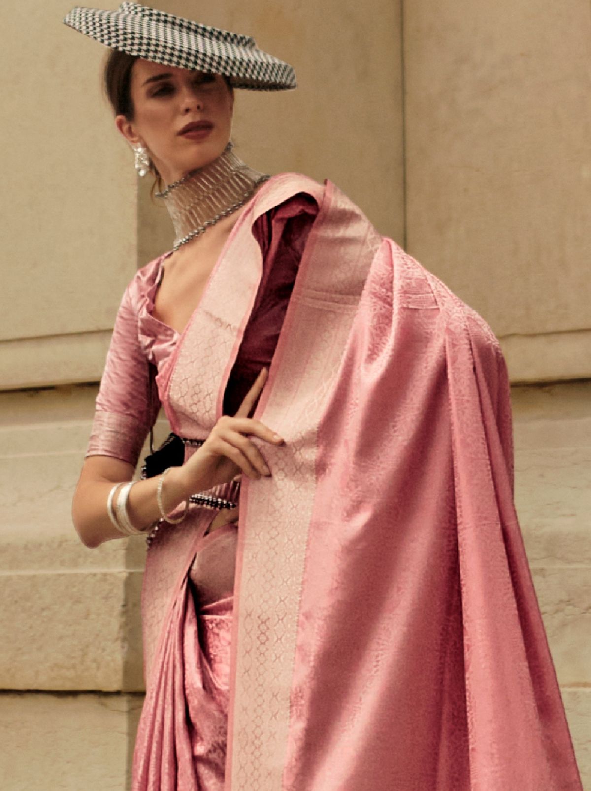 Flamingo Pink Fine Satin Silk Party Saree - TrendOye