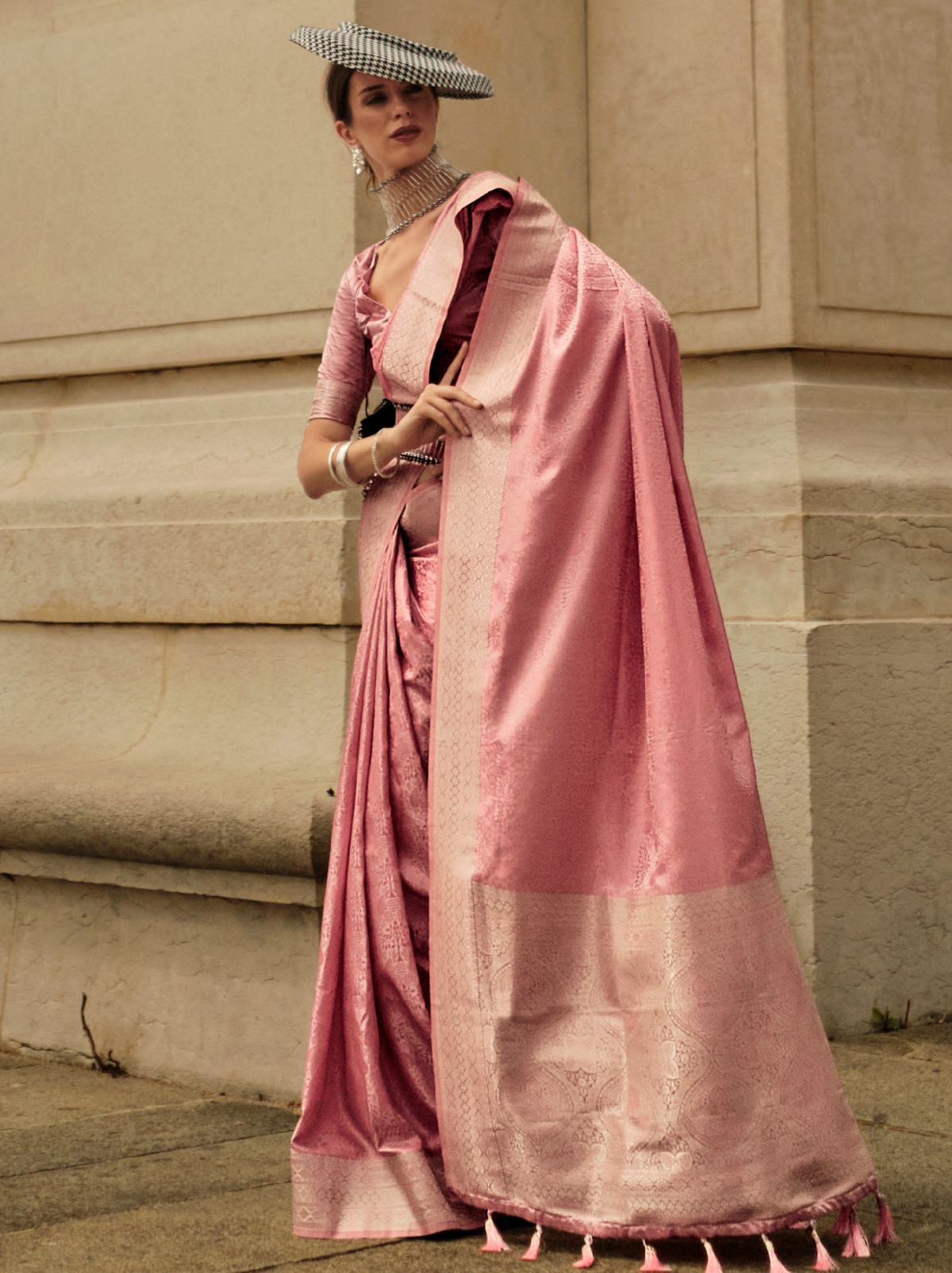 Flamingo Pink Fine Satin Silk Party Saree - TrendOye