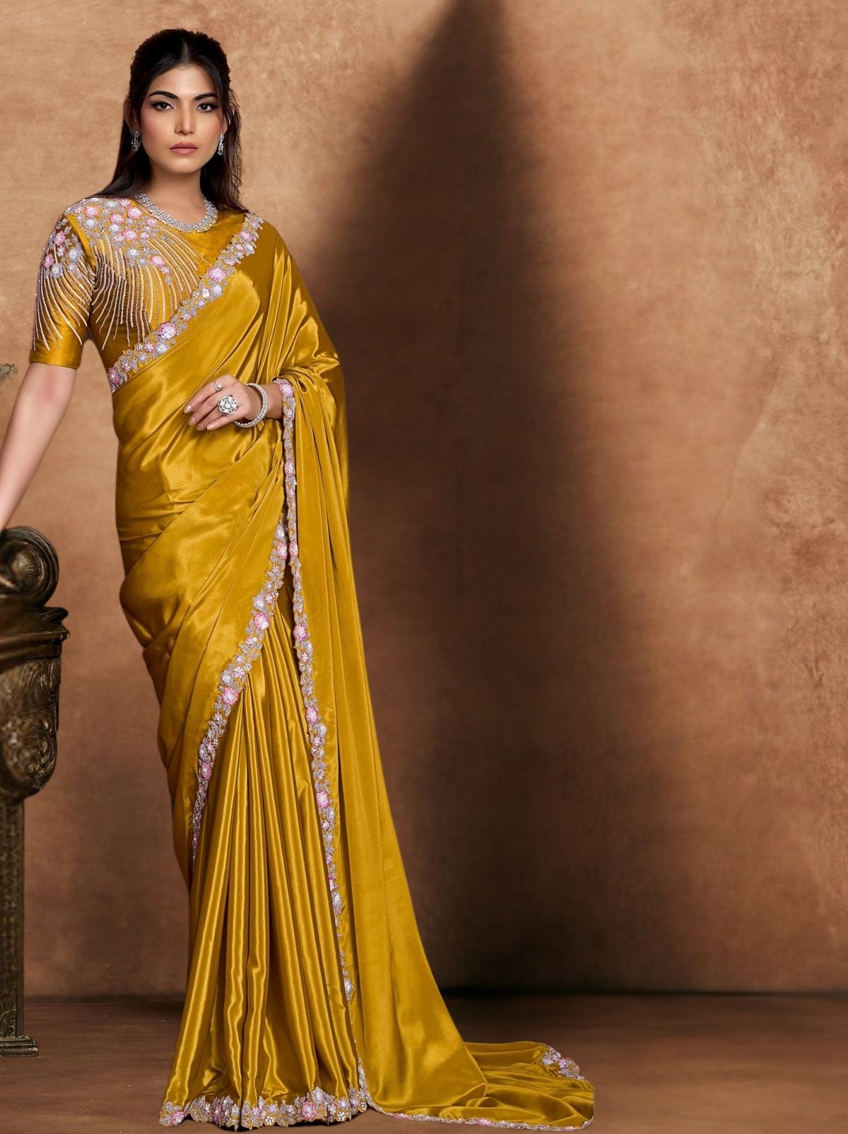 Golden Designer Party Wear Saree With Blouse Piece