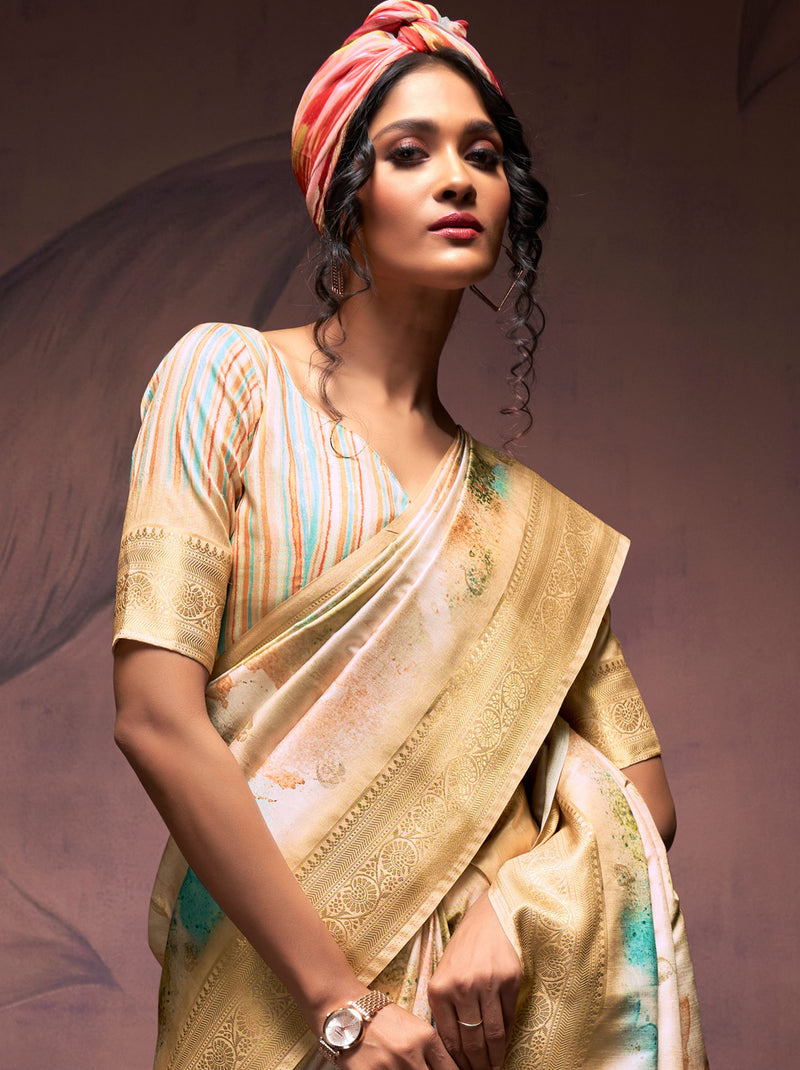 Gold Cream Silk Blended Saree - TrendOye