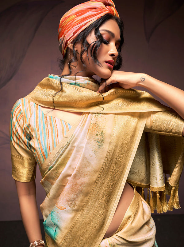 Gold Cream Silk Blended Saree - TrendOye