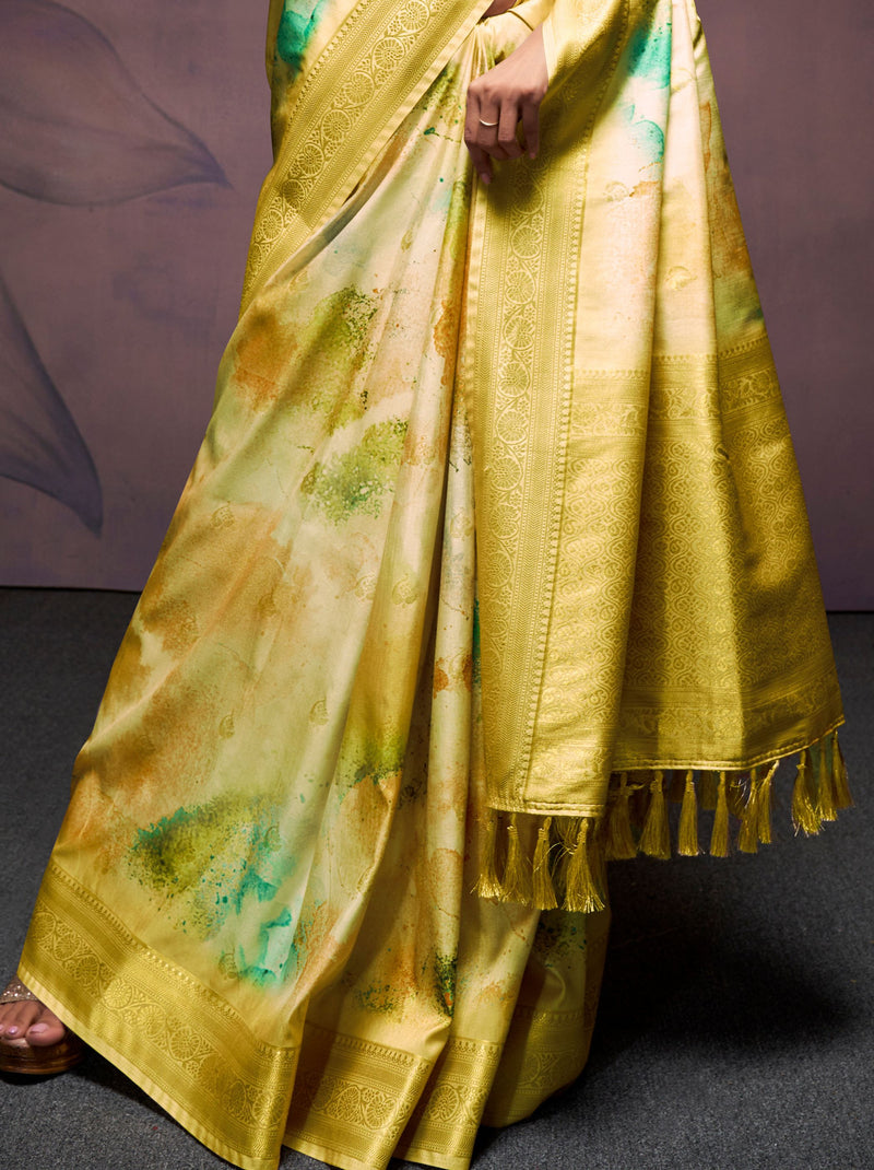 Gold Green Silk Blended Saree - TrendOye