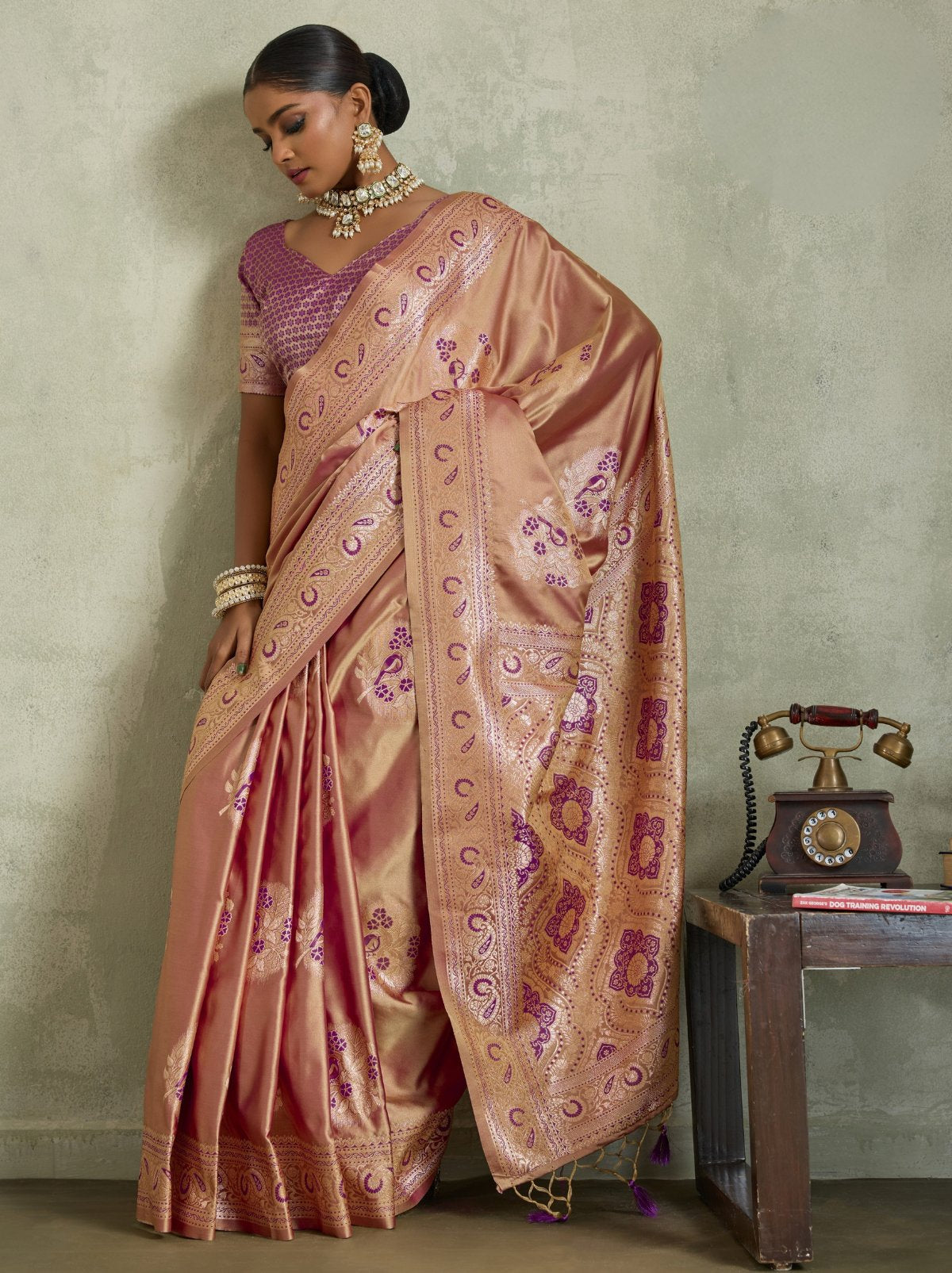 Gold Luxurious Satin Silk Saree With Blouse Piece