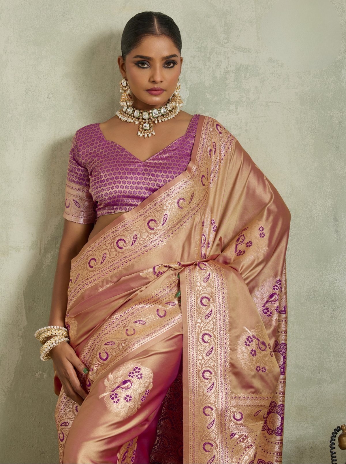 Gold Luxurious Satin Silk Saree With Blouse Piece