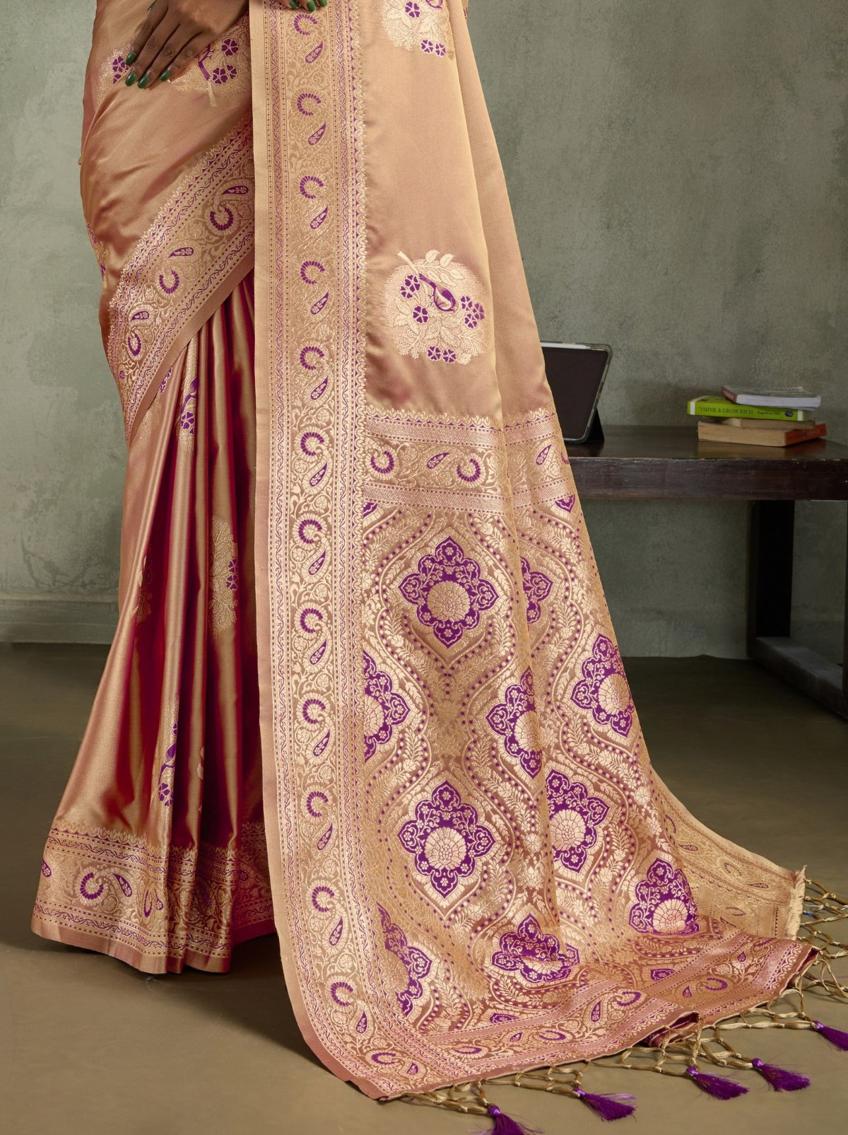 Gold Luxurious Satin Silk Saree With Blouse Piece