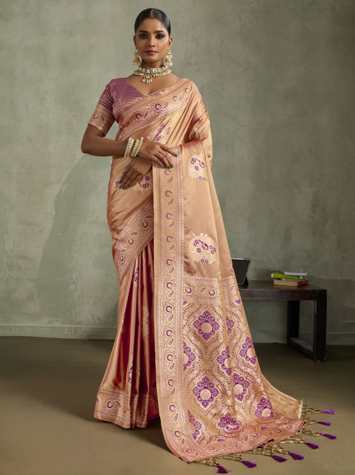 Gold Luxurious Satin Silk Saree With Blouse Piece