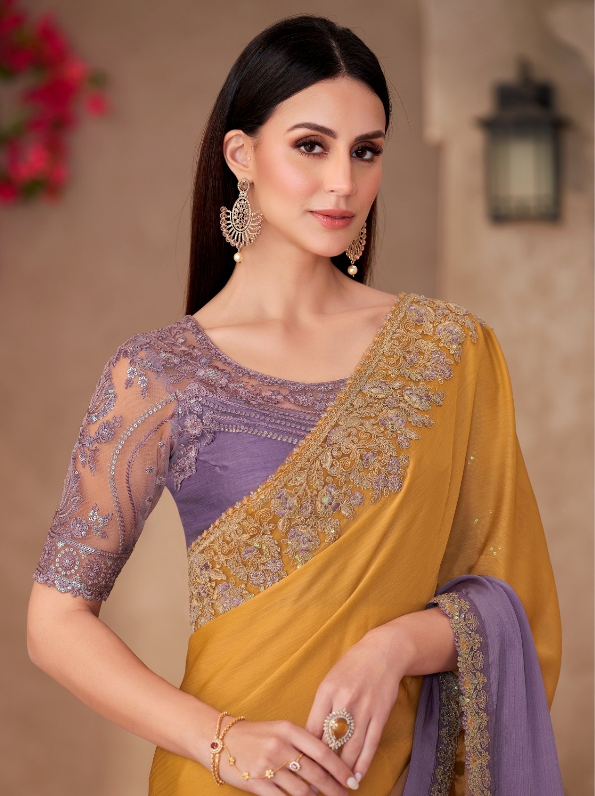 Gold Orange Premium Chiffon Dual Tone Saree With Blouse Piece