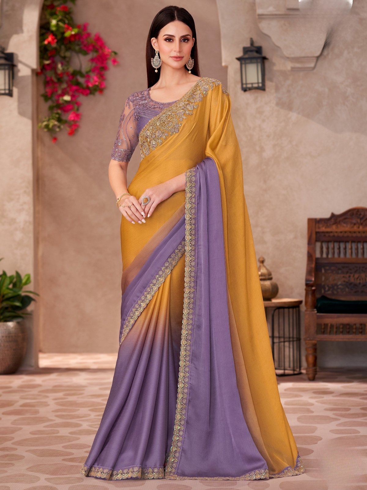 Gold Orange Premium Chiffon Dual Tone Saree With Blouse Piece