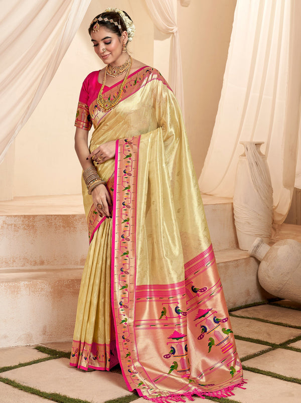 Gold Cream Paithani Silk Blended Saree - TrendOye