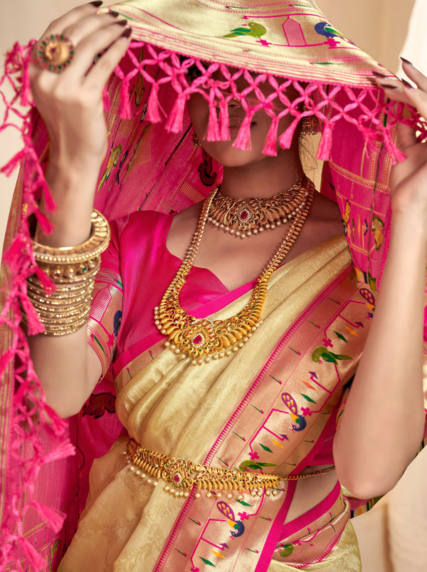 Gold Cream Paithani Silk Blended Saree - TrendOye