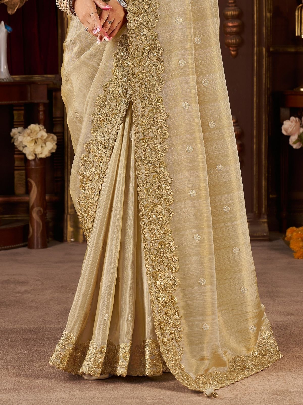 Flax Gold Premium Heavy Work Bridal Saree With Rich Border Design