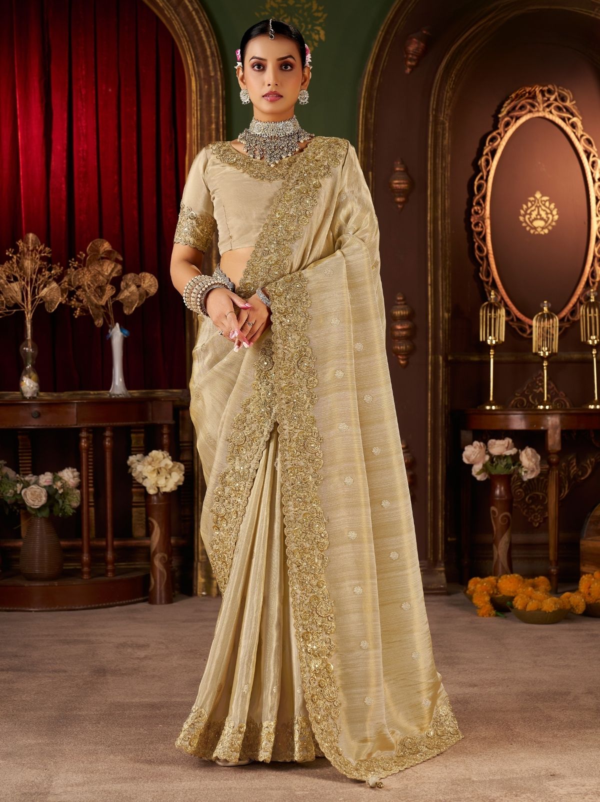 Flax Gold Premium Heavy Work Bridal Saree With Rich Border Design