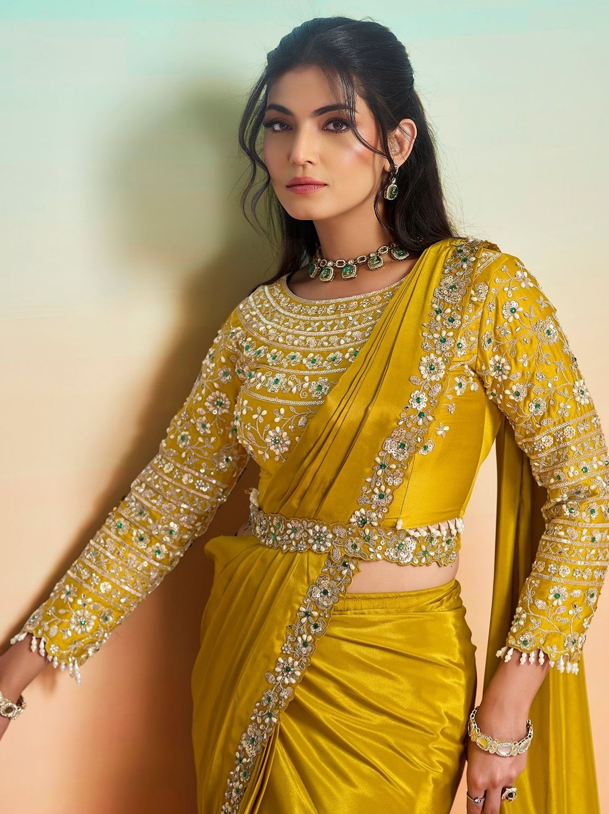 Gold Premium Satin Crepe Silk Ready to Wear Saree with Belt